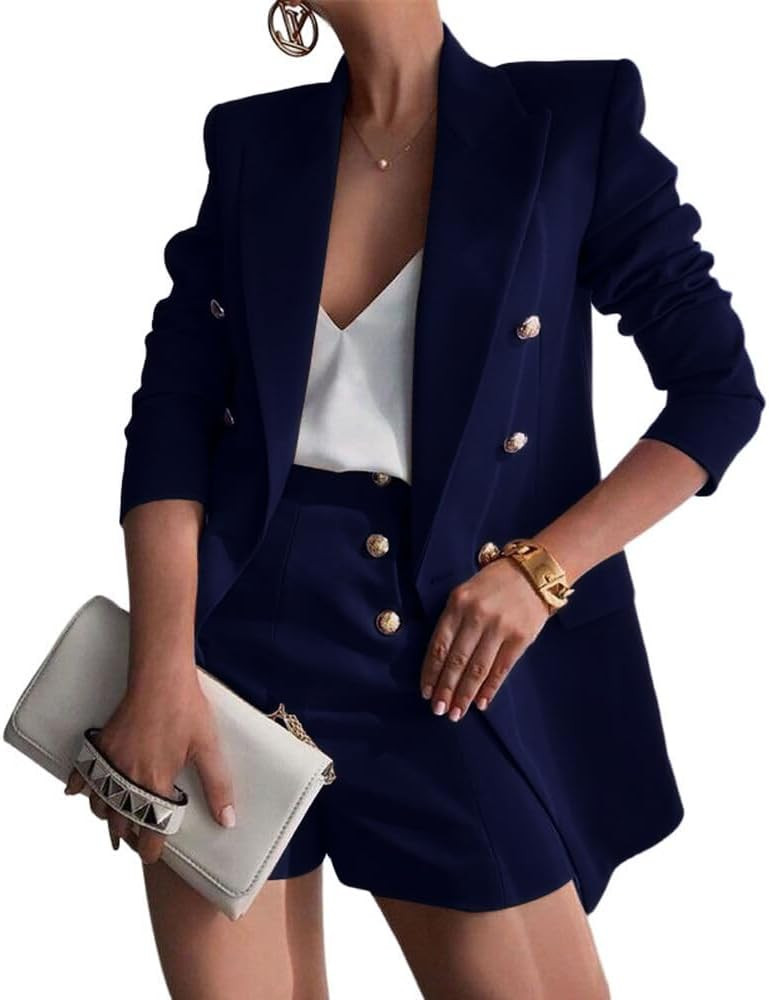 Women Suit with Shorts Ladies Office Causal Peak Lapel Double Breasted Suit Blazer and High Waist... | Amazon (US)