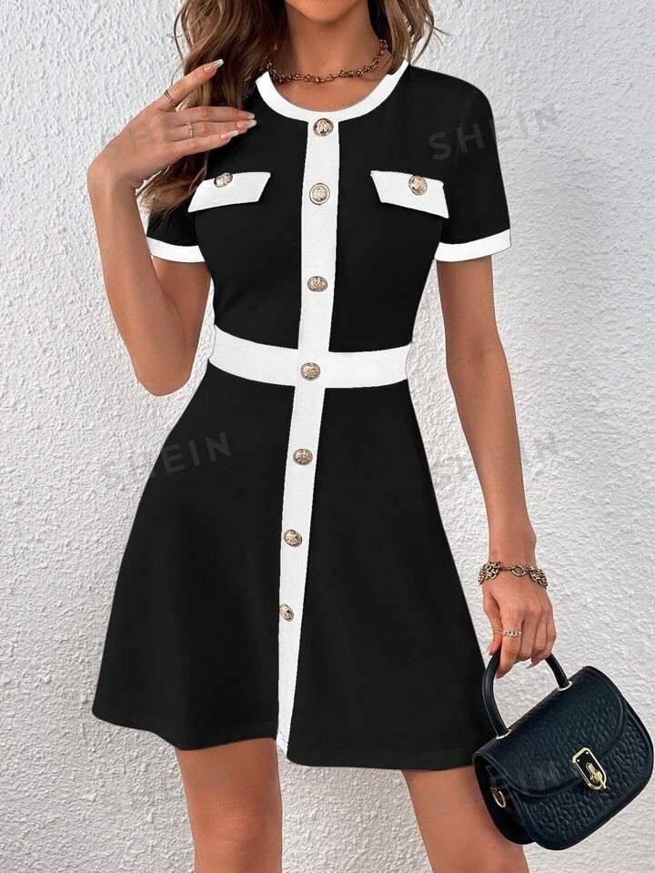 SHEIN Privé Contrast Trim Button Front Short Dress | SHEIN