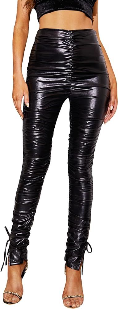 MakeMeChic Women's Faux Leather Leggings Pants High Waisted Leather Stacked Pants | Amazon (US)
