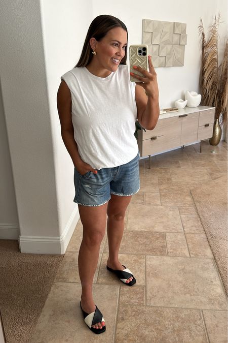 Wearing size large in the tshirt and jean shorts. The tee comes in four colors and is SUCH a good quality staple. I used shade medium dark in the tanning mousse and applied with a mitt  

#LTKBeauty #LTKSeasonal #LTKMidsize