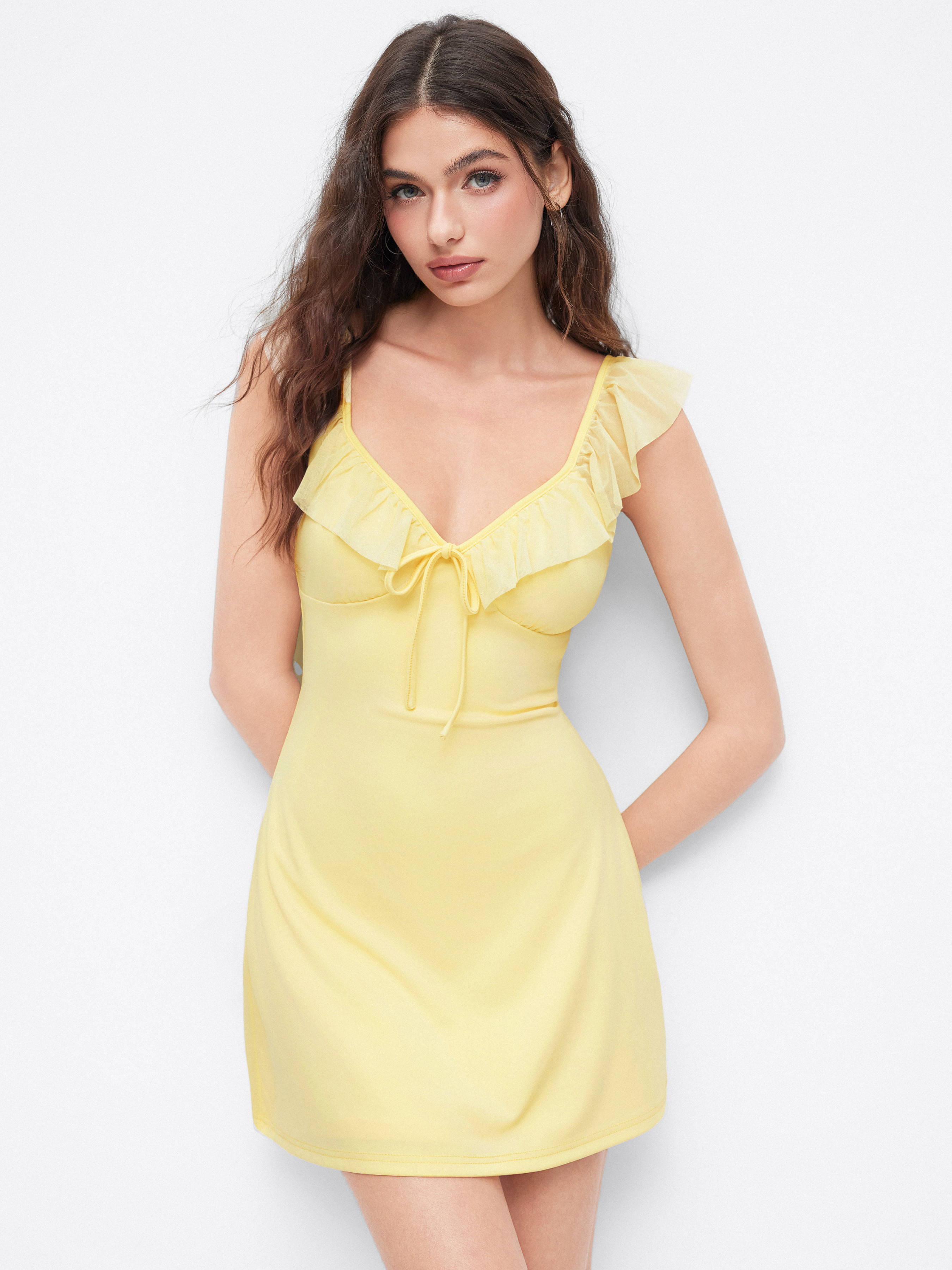 Jersey Sweetheart Neck Ruffle Trim Bowknot Mini Dress For Daily Casual Picnic | Cider