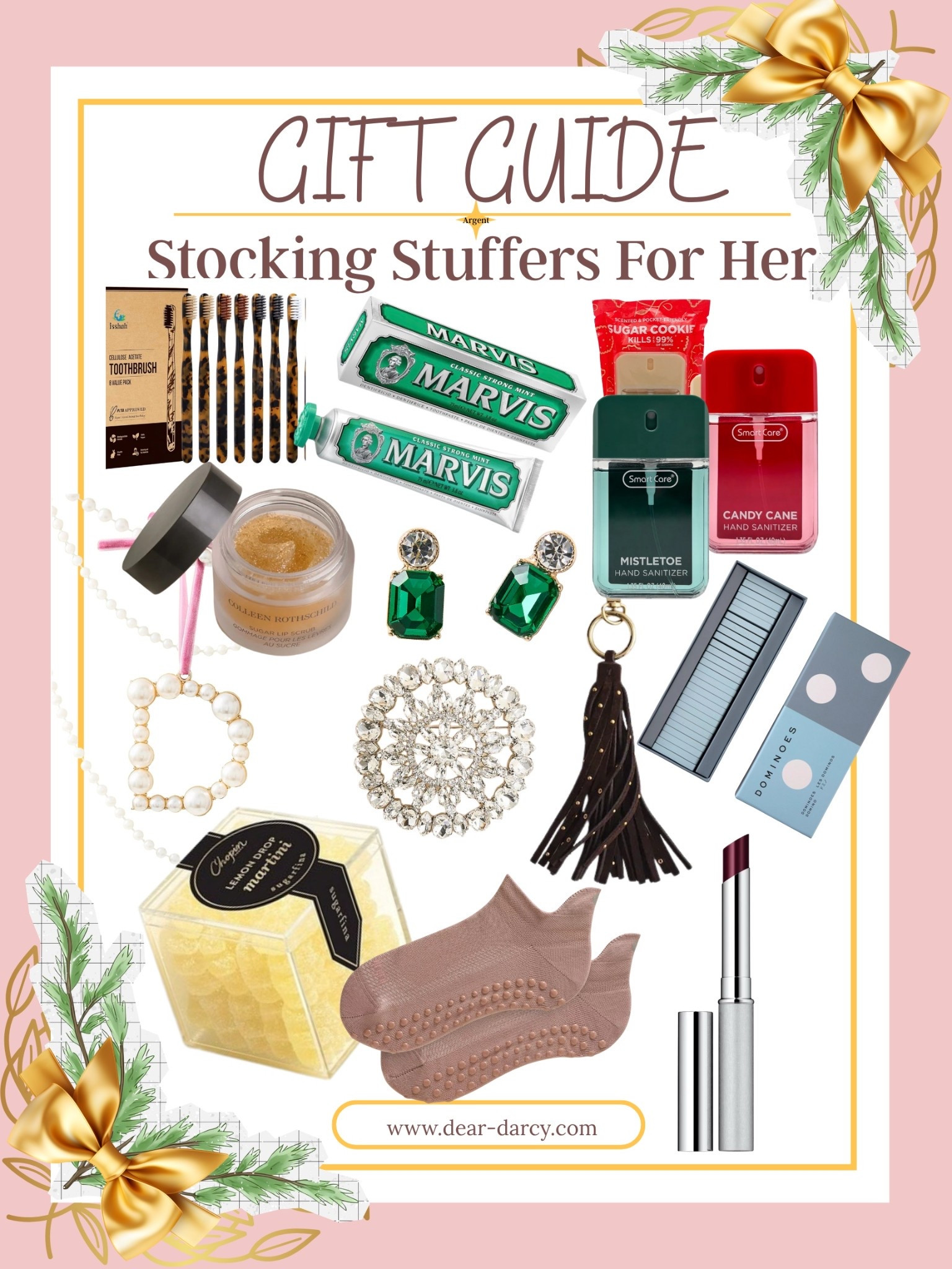 Stocking Stuffers for Her

Tourtoise  Toothbrush sets| 

Marvise Toothpaste|

Fun Holiday scented spray Hand Sanitizers $3.00 Sugar cookie| Mistletoe| Candy Cane|

Pretty powder Blue Domino Set| 

Mini Baguette emerald earrings| 

Pearl monogram ornament, 

Love this off hand on a knob| Studded Tassel Bag Charm| 

Round Crystal Brooch |

Lululemon Yoga socks| 

Sugar Lip Scrub| 

Black Honey Almost Lipsticks| 

Sugarfina Lemondrop Martini Bears| 


#LTKSaleAlert #LTKGiftGuide #LTKCyberWeek