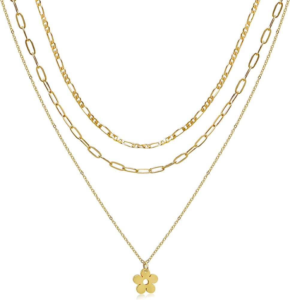 Aisansty Dainty Layered Choker Necklace Pendant Disc Bar Handmade 14K Gold Plated Shiny Satellite... | Amazon (US)