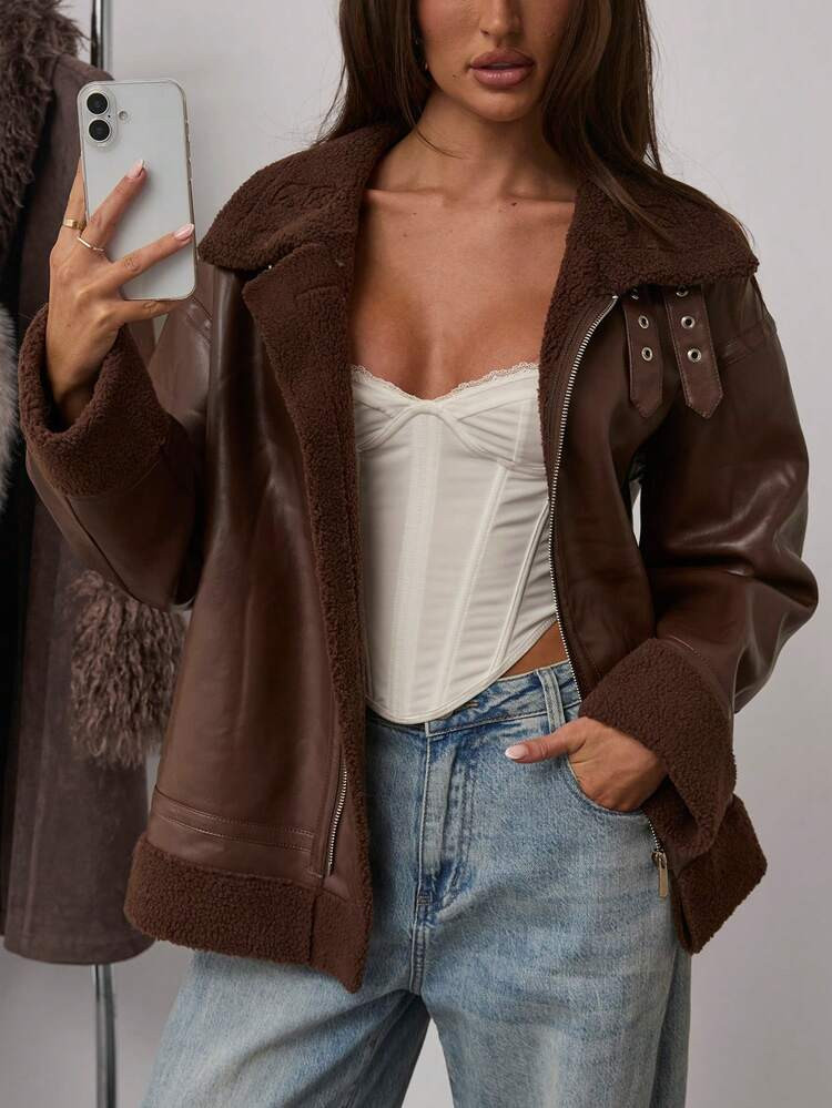 SHEIN BAE Women's Zipper Casual Faux-Warm Lining Jacket, Fall/Winter Style Shearling Leather Composite Fabric Jacket Fall/Winter Warm Outerwear Perfect For Casual Streetwear Outfits Brown Jacket Women Jackets | SHEIN