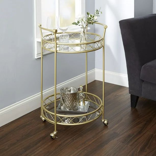 Better Homes & Gardens Mirabella Gold Metal Serving Barcart with Glass Shelves | Walmart (US)