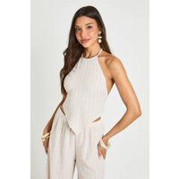 Beach Striped Linen Look Halter Top, beige | PrettyLittleThing US