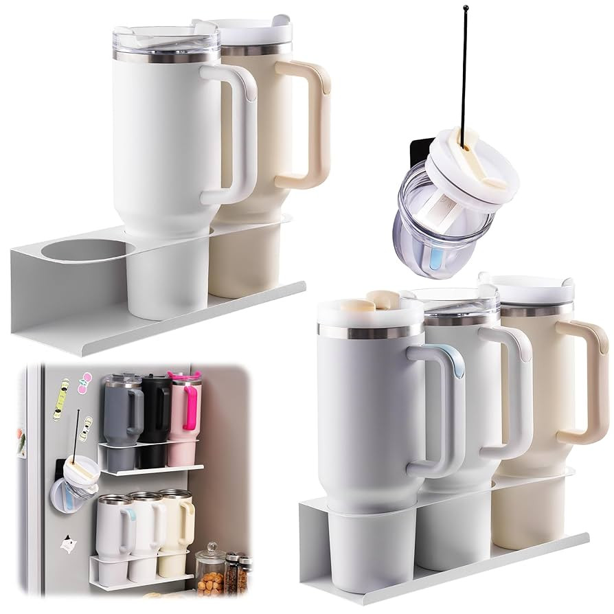 White 2 Pack Magnetic Cup Holder for 30 & 40 oz Tumbler - Strong Fridge Mount with Lid Holder (1P... | Amazon (US)