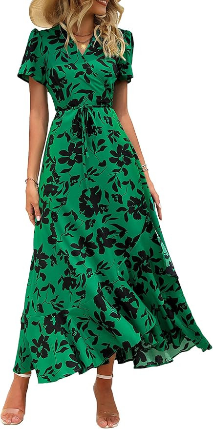 PRETTYGARDEN Women's Summer Maxi Dress Casual Wrap Floral Boho Short Sleeve V Neck Split Ruffle B... | Amazon (US)