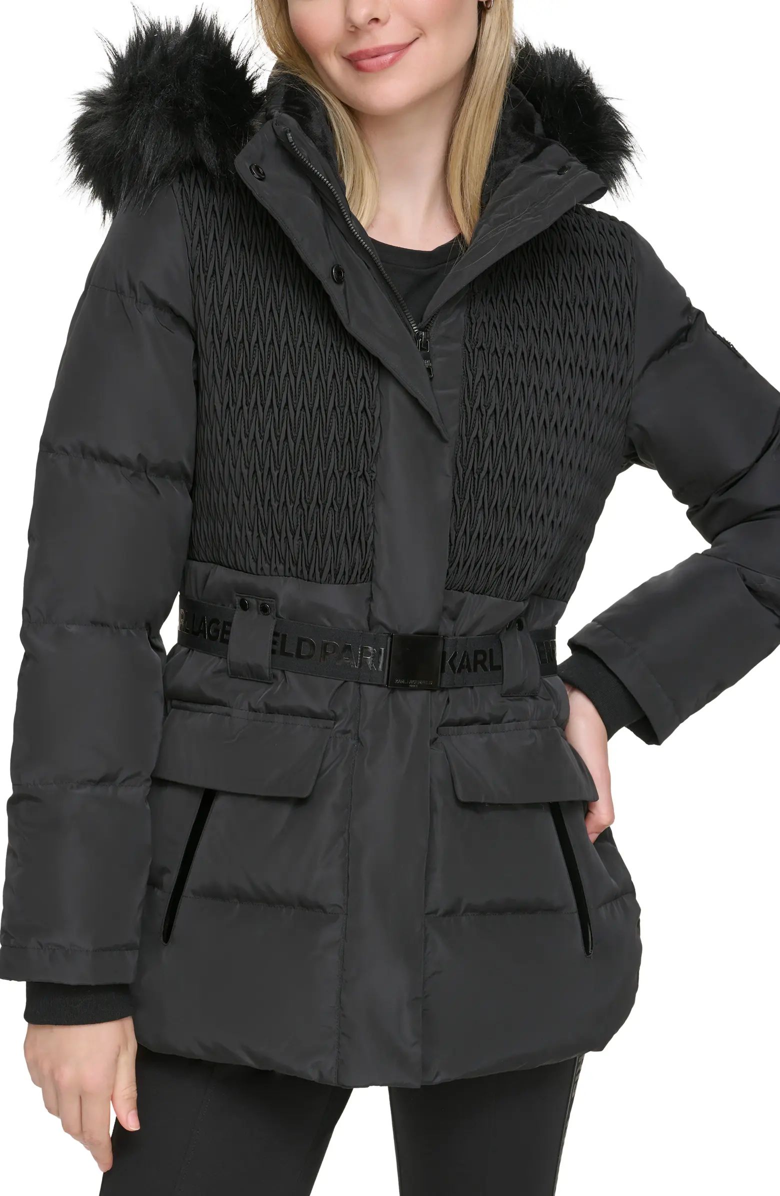 Smocked Belted Ski Puffer Jacket with Faux Fur Hood | Nordstrom