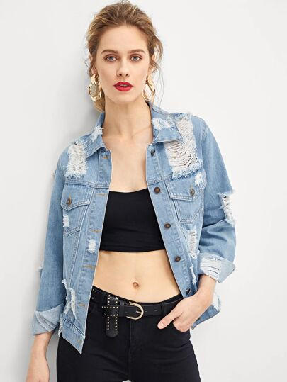 Flap Pocket Front Ripped Denim Jacket | SHEIN