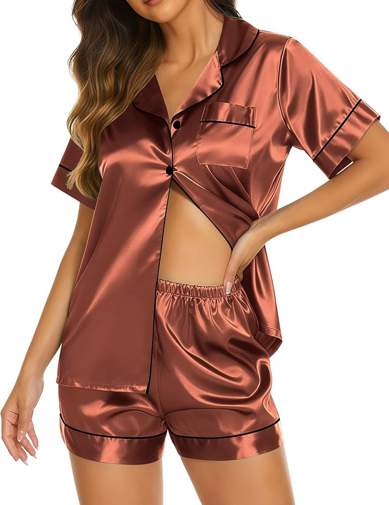 Ekouaer Womens Pajamas Silk Satin Short Sleeve Button Down Pjs Shorts Set | Amazon (US)