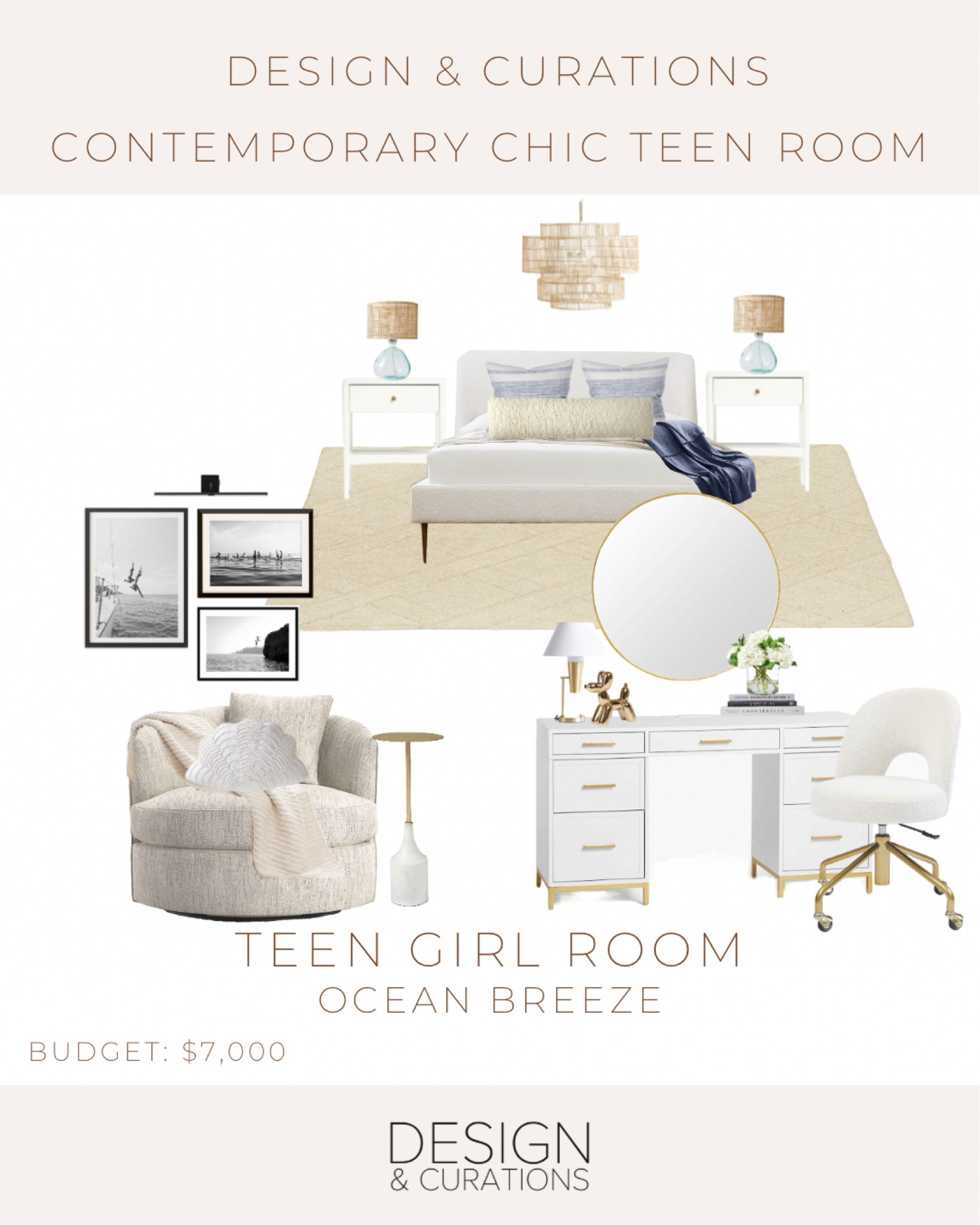Blue, ocean theme home decor, modern contemporary, chic, teen room home decor idea. Swivel chair, vanity study desk, mirror, white upholstery bed, rattan chandelier. 

#LTKhome #LTKFind
