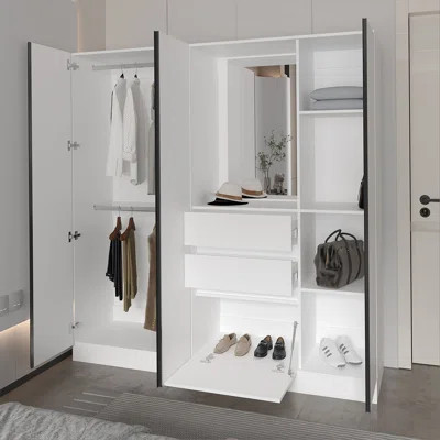 White Wardrobe Organizer with Mirror and Storage Compartments | Wayfair North America