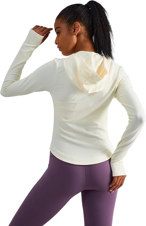 Womens Hooded Athletic Long Sleeve Running Shirts Workout Yoga Tops with Thumb Holes Slim Fit | Amazon (US)