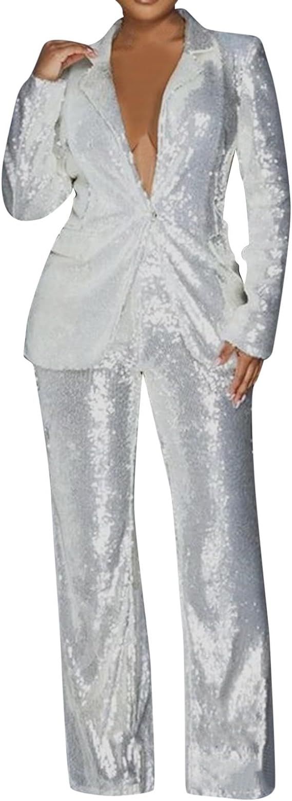 Womens Suits Set Sequin 2 Piece Pants Set Slim Fit Formal Suits One Button Wedding Tuxedos Blazer... | Amazon (US)