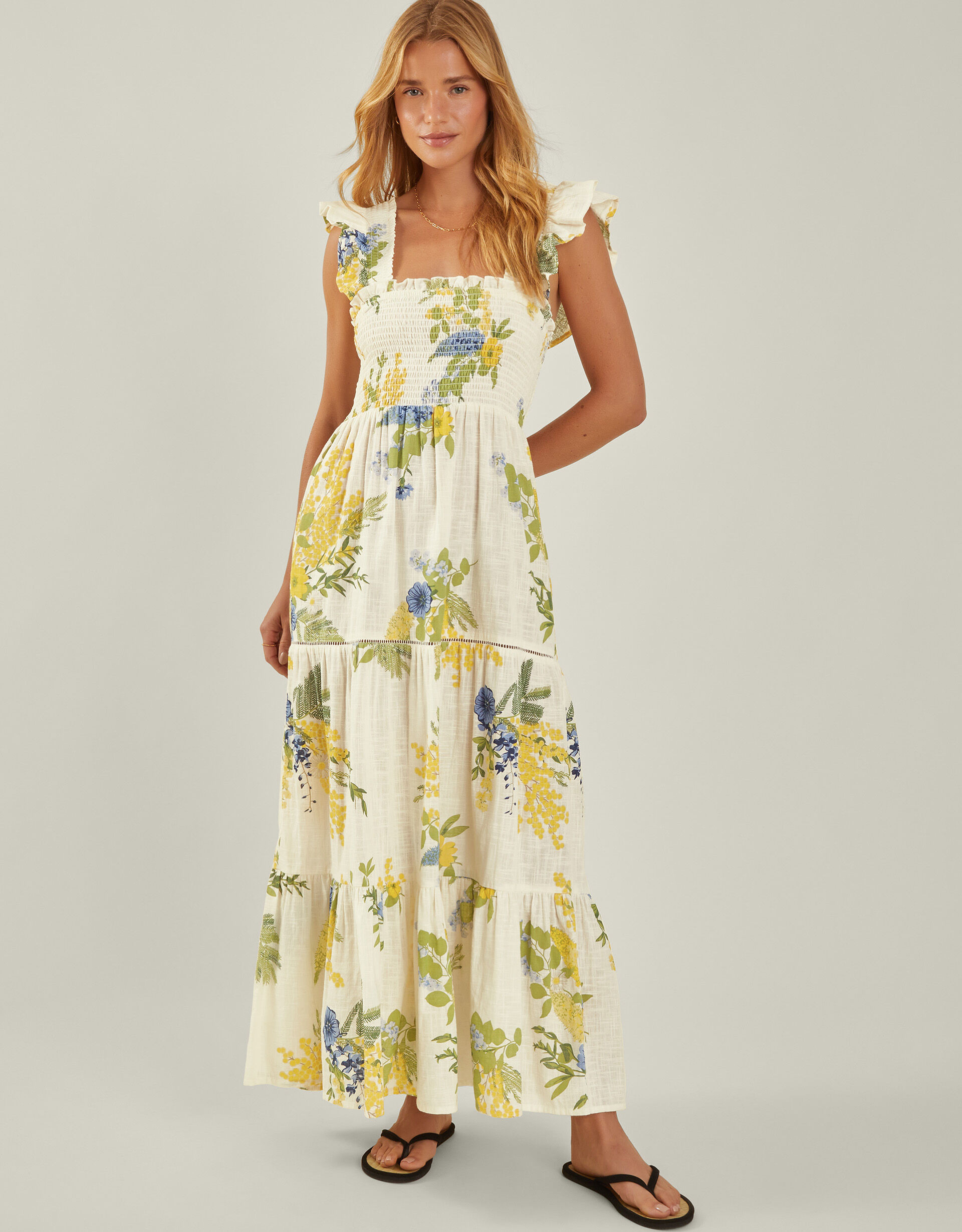 Floral Frill Strap Smocked Maxi Dress Ivory | Accessorize (Global)