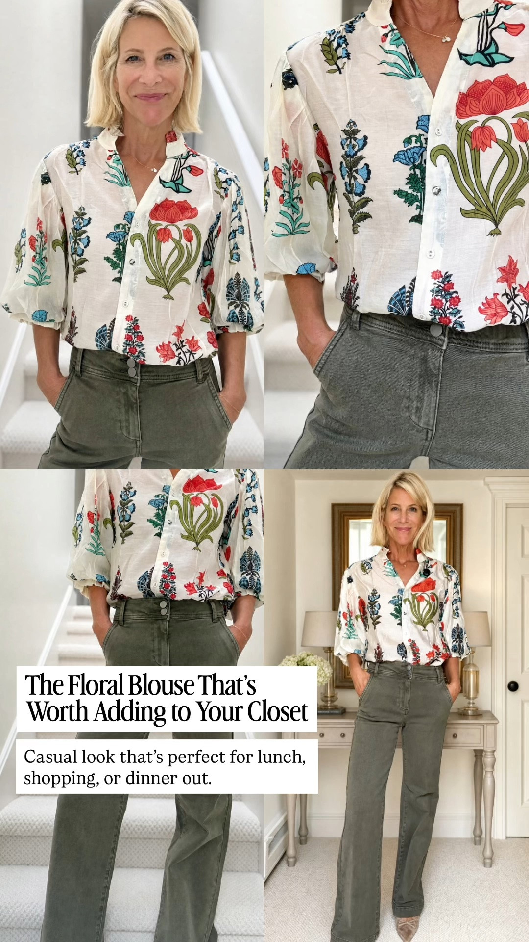 This floral blouse is such a pretty way to add color to your everyday wardrobe. Paired with olive green jeans, it creates an effortless outfit that’s polished enough for lunch, shopping, or casual dinners while still feeling comfortable.

👩‍💻 LTK PRO TIPS
❤️ Heart = Support my posts ;-)
🔖 Save = Get sale & restock alerts for the things you love!
📋 Lists = Keep favorites organized (List ideas: Christmas, Birthdays, and Vacations!)
📲 Share = Send lists and products to a friend (or your daughters like me).
💬 Comment = Ask me anything, and I’ll answer. ;-)

#LTKootd #LTKSeasonal #LTKOver40