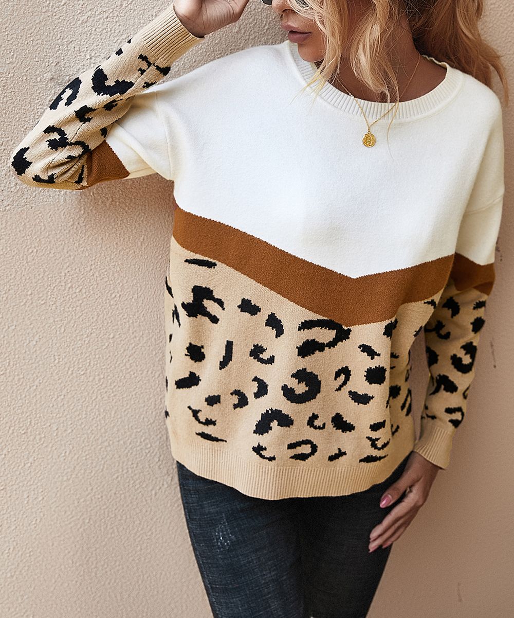 Supreme Fashion Women's Sweatshirts and Hoodies KHAKI - Khaki Leopard Color Block Sweater - Women | Zulily