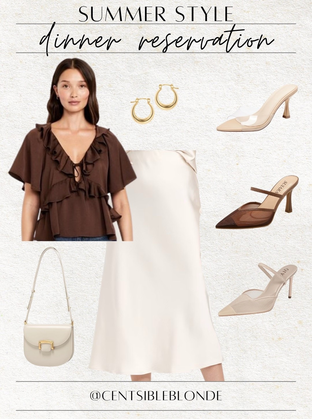 Satin skirt, midi skirt, mule heels, heeled sandals, Gold earrings, gold hoops, summer style, summer outfit, date night, dinner outfit, fine dining, pointed toe heels, flutter top, brown top, GNO

#LTKShoeCrush #LTKMidsize #LTKFindsUnder50