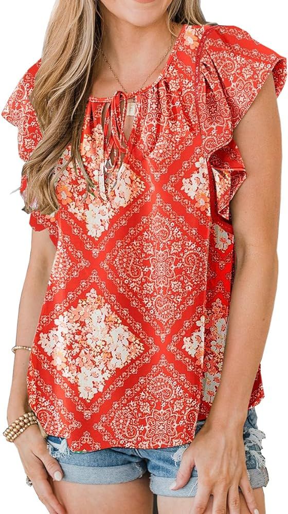 ZC&GF Women's Tops Casual Boho Floral Print V Neck Blouses Flannel Ruffle Sleeve Loose Shirts | Amazon (US)