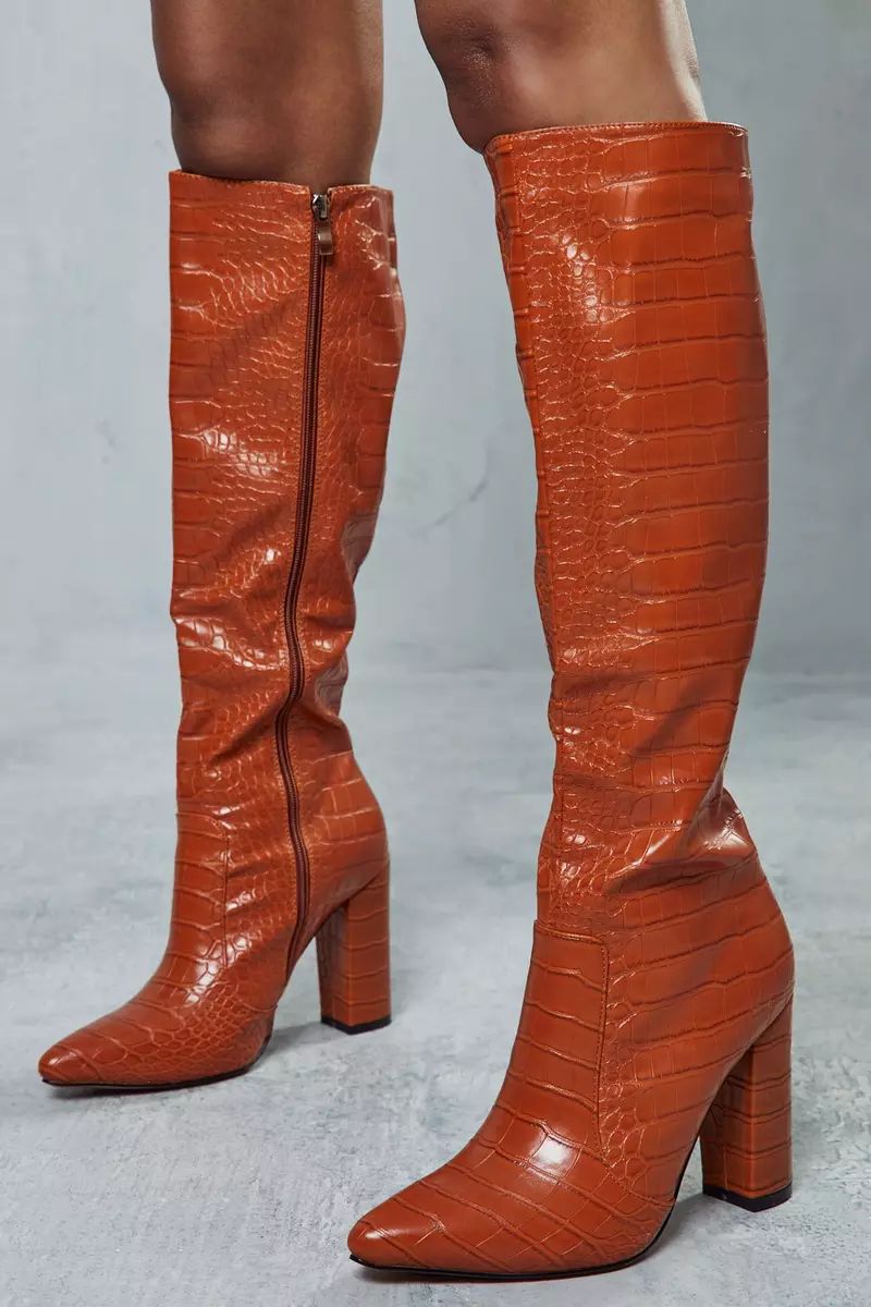 Croc Knee High Heeled Boots | Debenhams UK