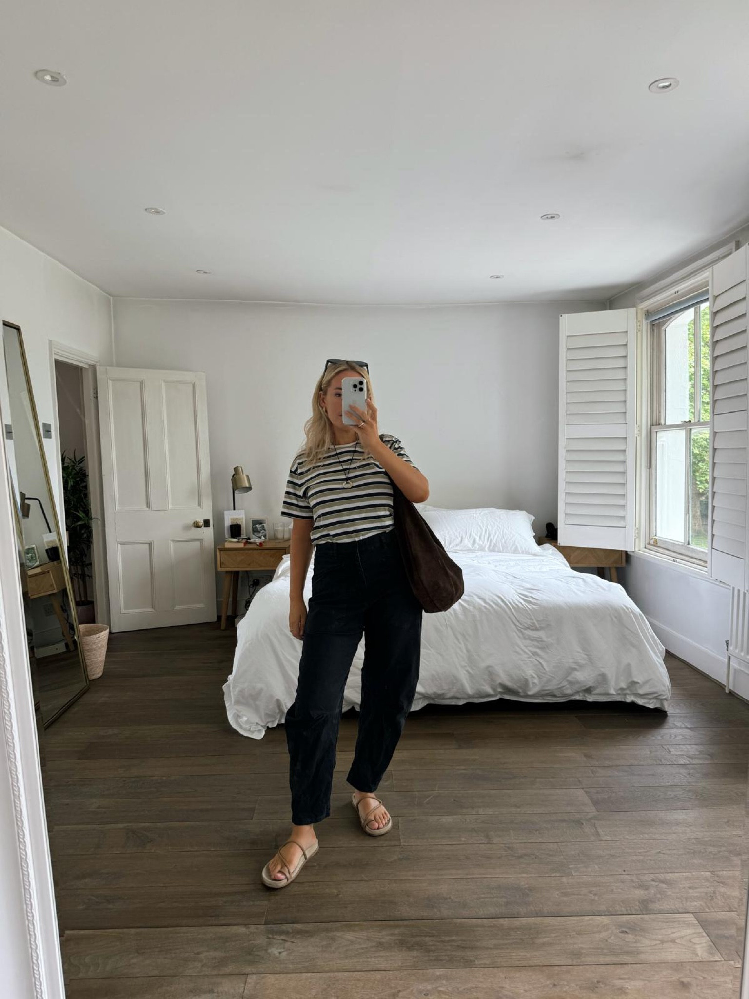 Casual outfit, striped tshirt, nobody’s child, Nili Lotan cotton barrel leg jeans, black and white outfit, tan sandals  

#LTKstyletip #LTKuk #LTKsummer