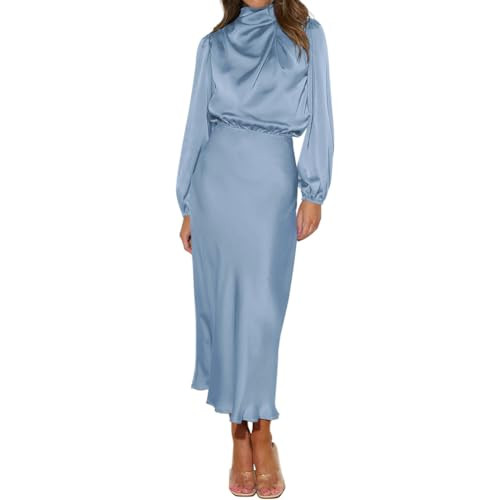ABEHIK Satin Dresses for Women Long Sleeve Maxi Dress Elegant Mock Neck Fall Cocktail Party Wedding Guest Dresses Elastic High Waist Long Formal Ruffle Bridesmaid Midi Dress Blue M | Amazon (US)