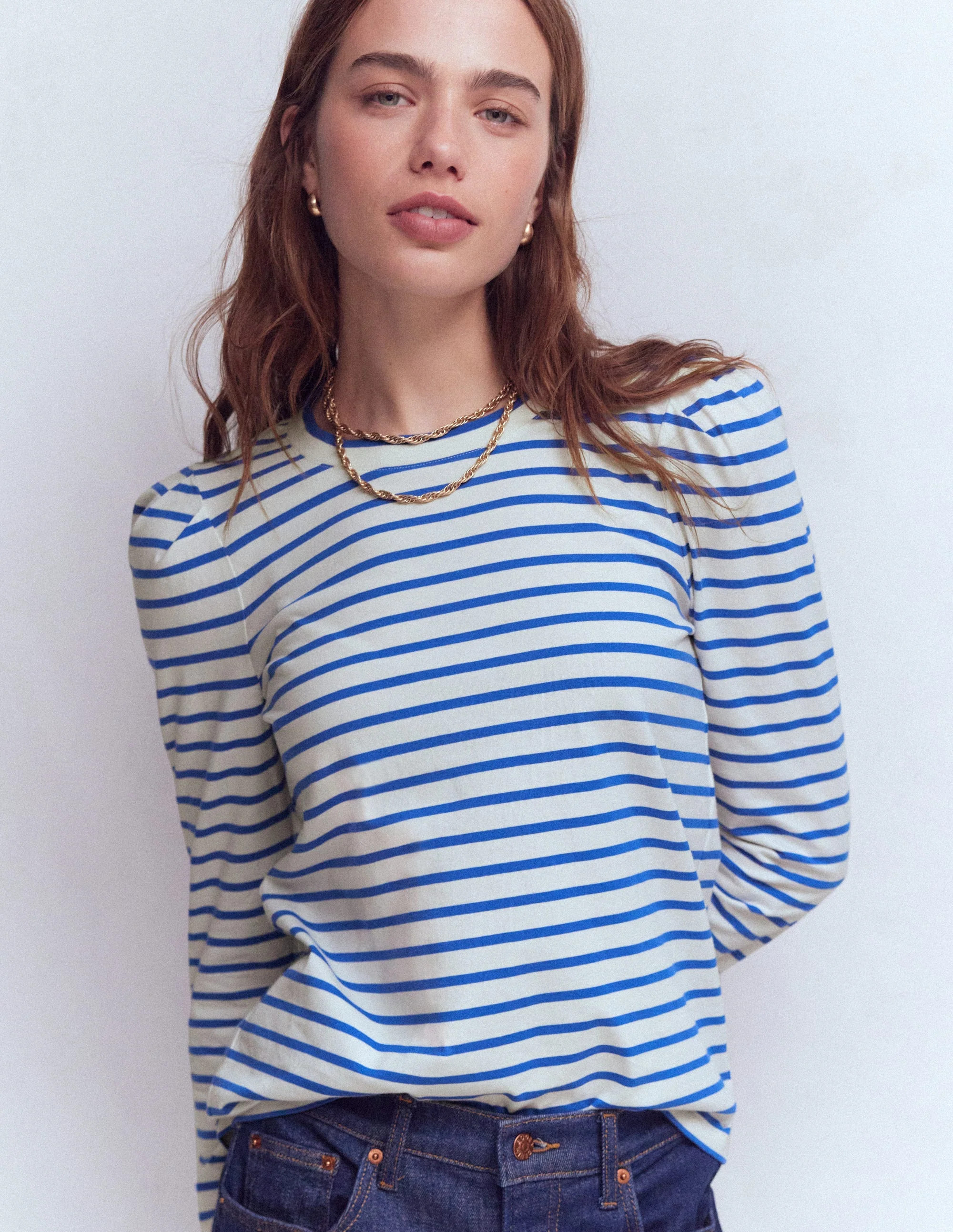 Pleat Sleeve Stripe Top-Beaucoup Blue and Ivory Stripe | Boden (US)