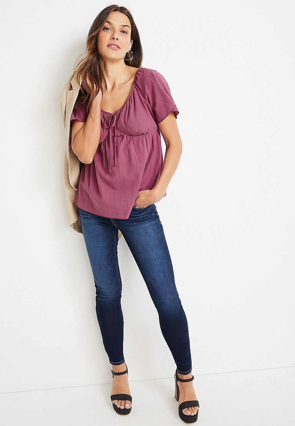 Tie Front Babydoll Blouse | Maurices