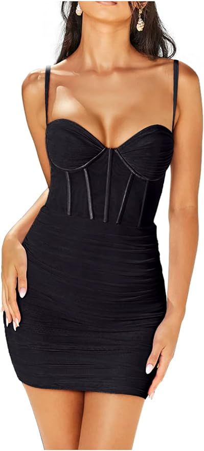 Joukavor Women's Sexy Ruched Mesh Bodycon Cami Dress Spaghetti Strap Mini Pencil Dress | Amazon (US)