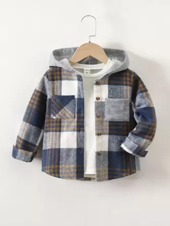 SHEIN Kids EVRYDAY Toddler Boys Plaid Print Hooded Coat Without Tee | SHEIN