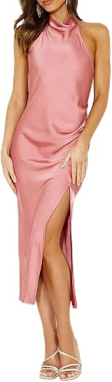 Satin Halter Backless Silt Midi Dress for Women 2024 Elegant Formal High Neck Cowl Back Silk Wedd... | Amazon (US)