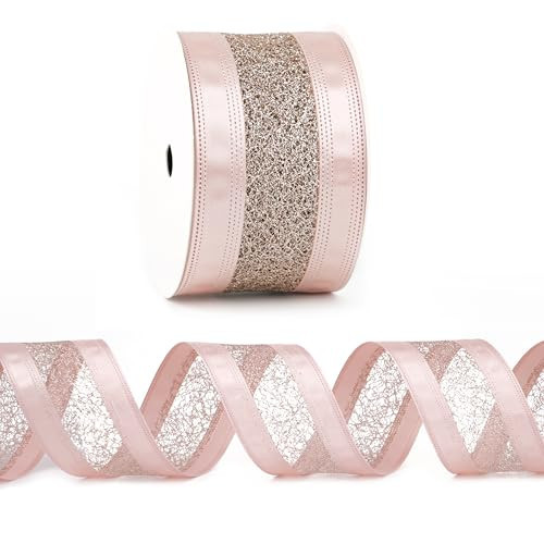 DINDOSAL Dusty Pink Wired Ribbon 2.5" X 10 Yards Pink Satin Ribbon with Gold Mesh Wired Christmas Ribbon for Tree Decorations,Gift Wrapping Wreaths Garland, Topper Bows Crafts, Home Decor | Amazon (US)