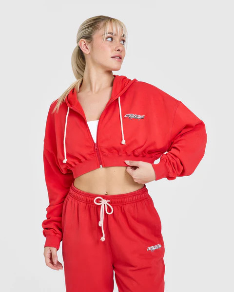 Raw Lounge Crop Zip Through Hoodie with Graphic | Muscle Mommy Red | Oner Active (UK / US)