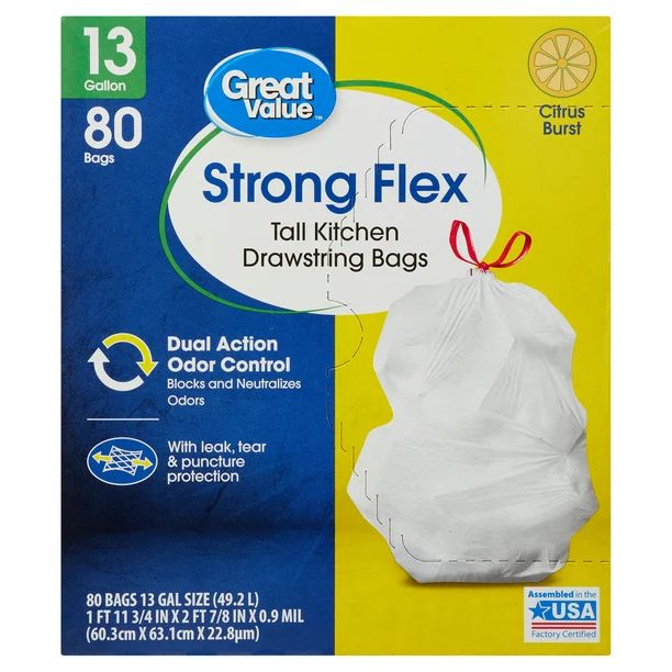 Great Value Strong Flex Tall Kitchen Trash Bags, 13 Gallon, 80 Bags (Citrus Burst, Dual Action Od... | Walmart (US)