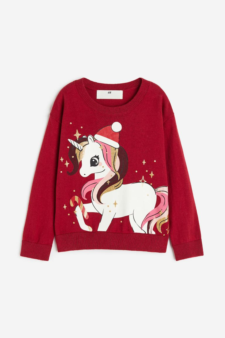 Fine-knit cotton jumper - Red/Unicorn - Kids | H&M GB | H&M (UK, MY, IN, SG, PH, TW, HK)
