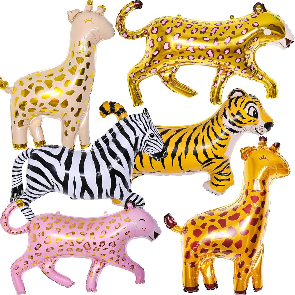 6 Pieces Giant Jungle Safari Animals Balloons,Large Zebra Giraffe Leopard Cheetah Tiger Foil Ball... | Amazon (US)