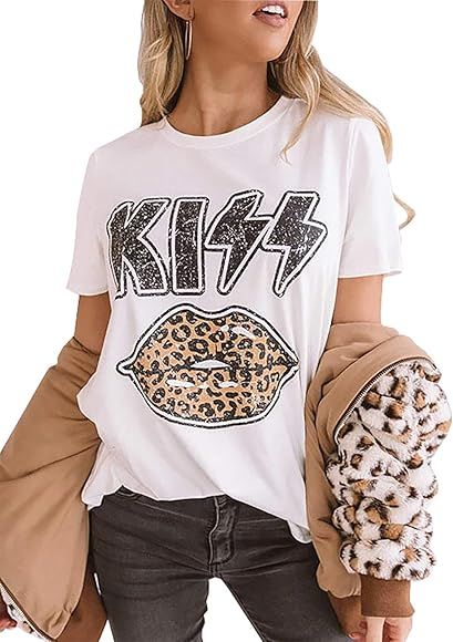 Women Leopard Printed Kiss Lips T-Shirt Cool Tee | Amazon (US)