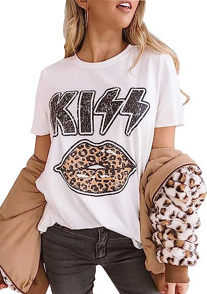 Women Leopard Printed Kiss Lips T-Shirt Cool Tee | Amazon (US)