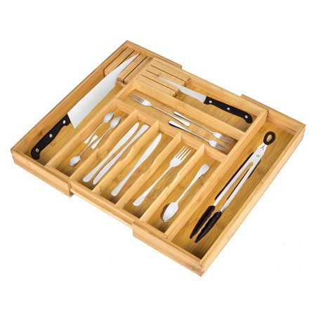 Premium Bamboo Silverware Organizer - Expandable Kitchen Drawer Organizer and Utensil Organizer Perf | Walmart (US)