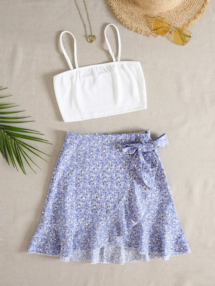 Solid Cami Top & Ditsy Floral Wrap Knot Side Skirt | SHEIN