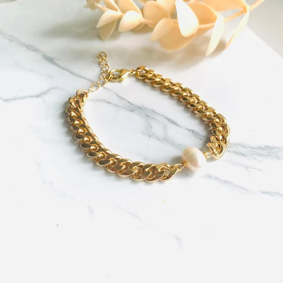 Gold Thick Chain Bracelet Pearl Bracelet Cuban Link | Etsy | Etsy (US)