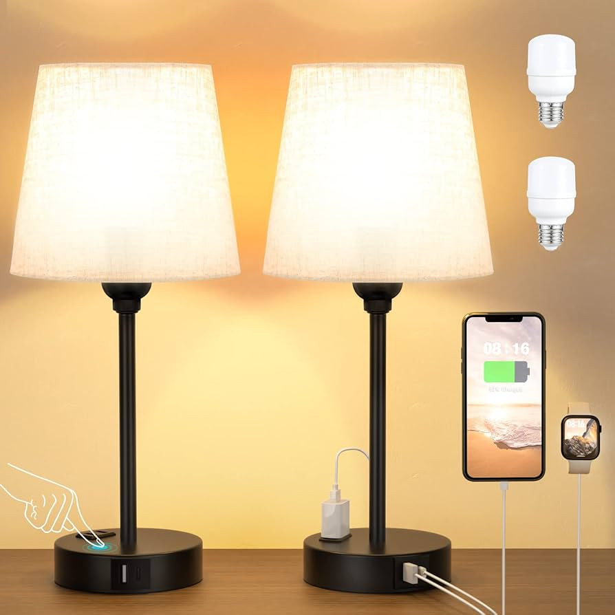 Mini Bedside Lamps for Bedrooms Set of 2 - Nightstand Bedroom Lamps with USB C Port and AC Outlet... | Amazon (US)