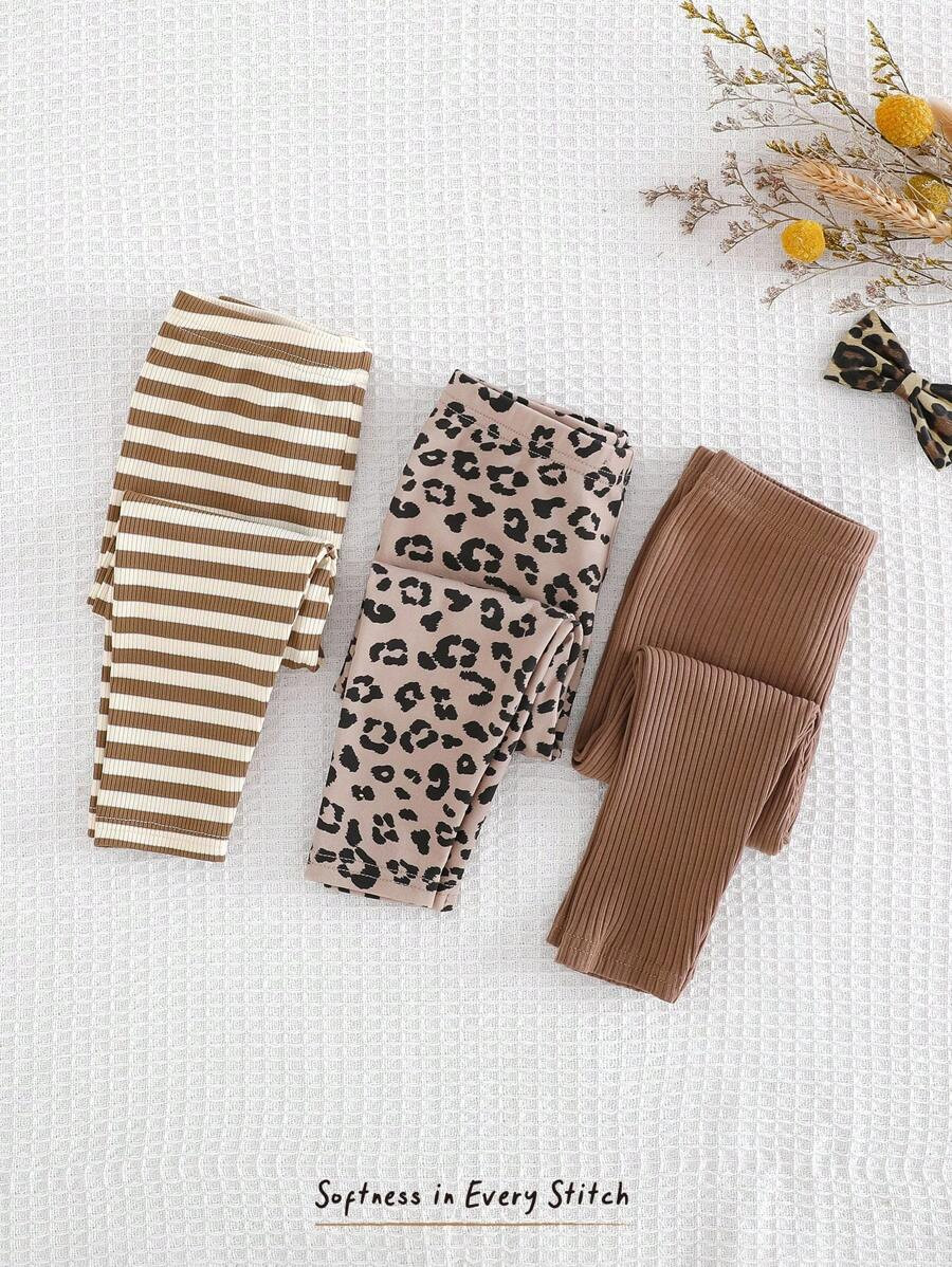 Cozy Pixies 3pcs/Set Baby Girl Leopard Print Knit Soft Elastic Waist Pants Set Baby Girl Leggings... | SHEIN