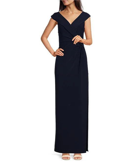 Portrait Collar Cap Sleeve Crepe Sheath Gown | Dillard's