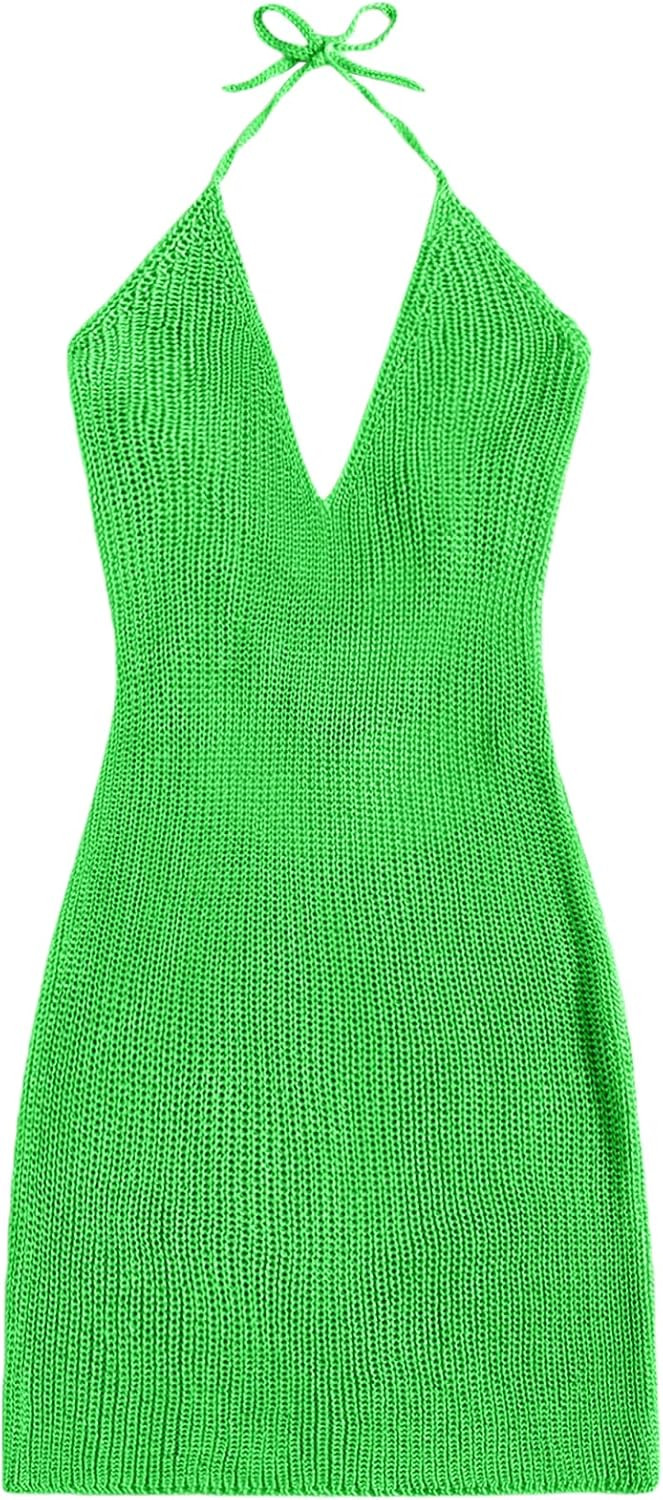 MakeMeChic Women's Sleeveless Halter Tie Back Knitted Swim Beach Cover Up Dress | Amazon (US)