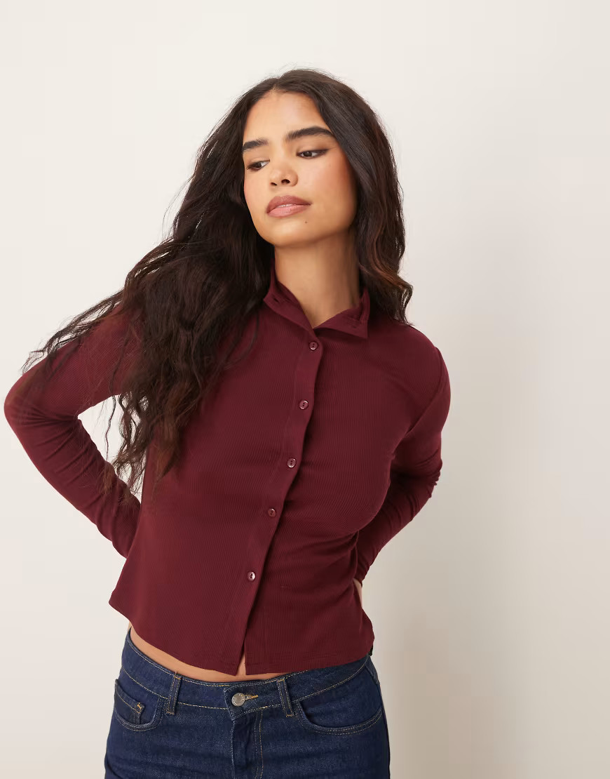 ASOS DESIGN high neck button through shrunken top in burgundy-Red | ASOS (Global)