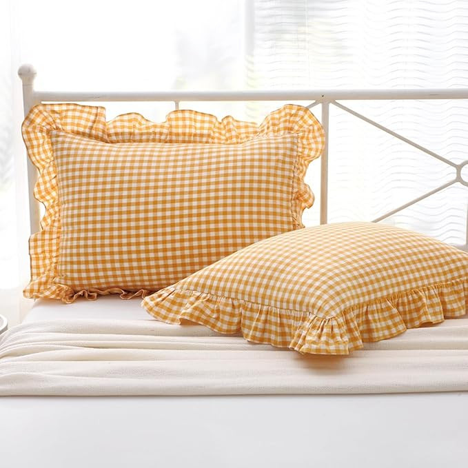 Yellow/White Plaid Ruffle Pillow Shams Standard Size Set of 2, Checkered Washed Cotton Mustard Gi... | Amazon (US)
