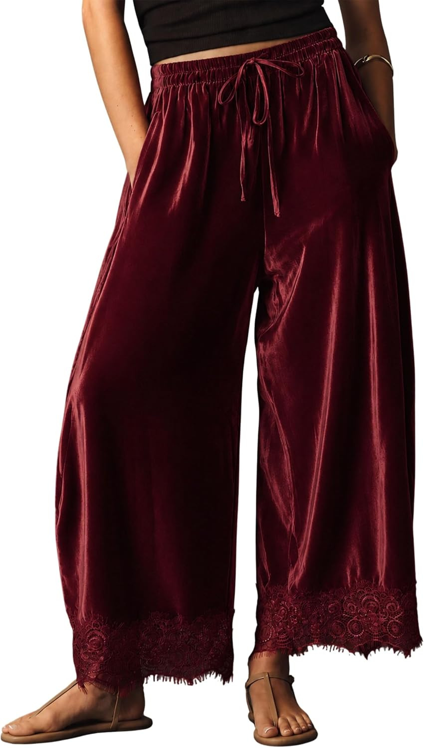 Lviefent Womens Lace Hem Balloon Pants Velvet Drawstring Casual Trousers | Amazon (US)