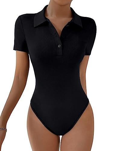 SweatyRocks Women's Short Sleeve Polo Shirt Bodysuit Ribbed Half Button Collared Leotards Black Small | Amazon (US)